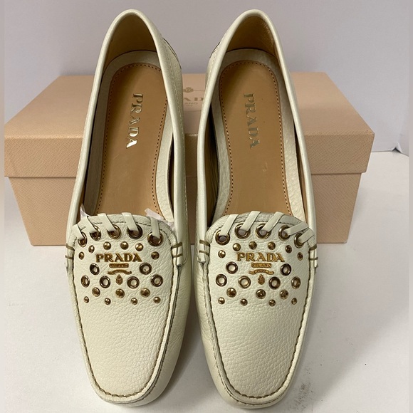 Prada Women's Ivory eyelet / Studded Loafers EU38 / US 7 1/2 - Picture 1 of 10